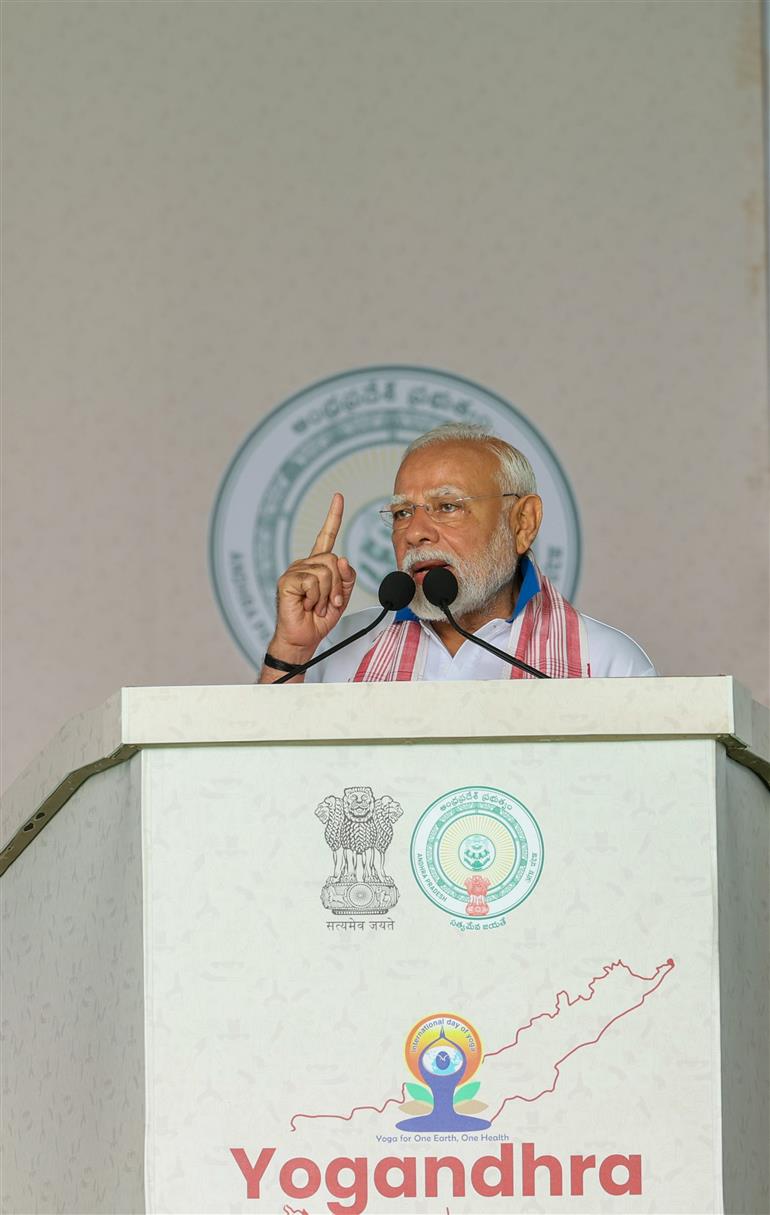 PM addressing the gathering during the 11th International Day of Yoga celebrations at Visakhapatnam, in Andhra Pradesh on June 21, 2025.:Prime Minister