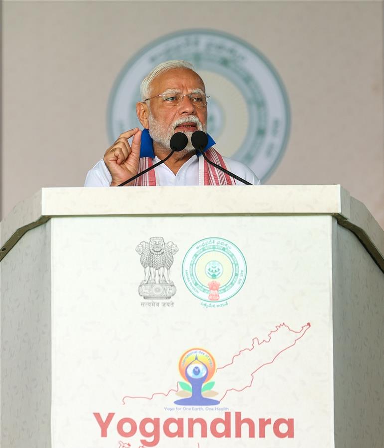 PM addressing the gathering during the 11th International Day of Yoga celebrations at Visakhapatnam, in Andhra Pradesh on June 21, 2025.:Prime Minister