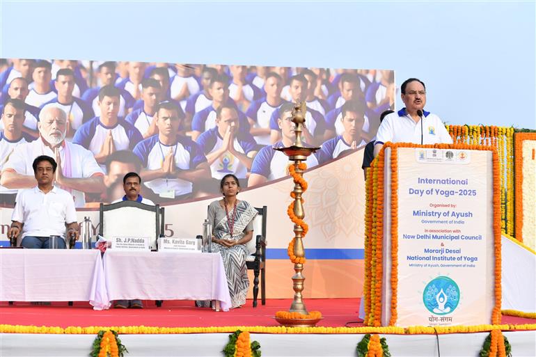 The Union Minister of Health and Family Welfare & Chemicals and Fertilizers, Shri Jagat Prakash Nadda addresses the mass yoga participants at the celebration of the 11th International Day of Yoga (IDY) 2025 at Kartavya Path, in New Delhi on June 21, 2025.:Ministry of Health and Family Welfare