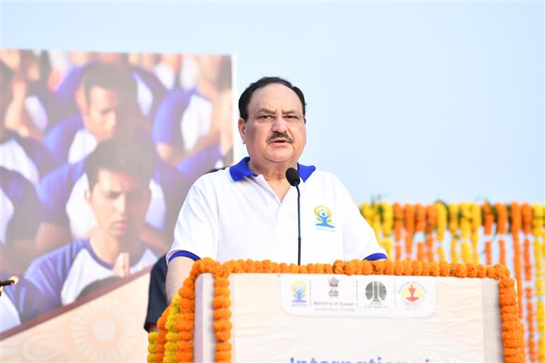The Union Minister of Health and Family Welfare & Chemicals and Fertilizers, Shri Jagat Prakash Nadda addresses the mass yoga participants at the celebration of the 11th International Day of Yoga (IDY) 2025 at Kartavya Path, in New Delhi on June 21, 2025.:Ministry of Health and Family Welfare