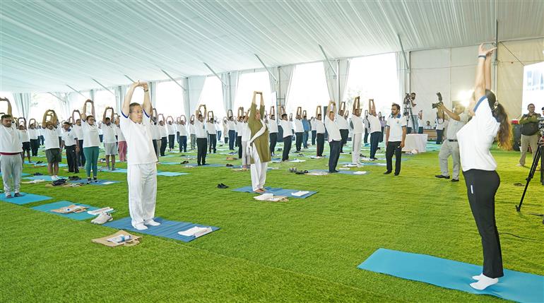 The Union Minister for Finance and Corporate Affairs, Smt. Nirmala Sitharaman participated in the celebration of the 11th International Day of Yoga (IDY) 2025 lead by the Ministry of Finance at Arun Jaitley National Institute of Financial Management (AJNIFM), in Faridabad, Haryana on June 21, 2025. :Ministry of Finance
