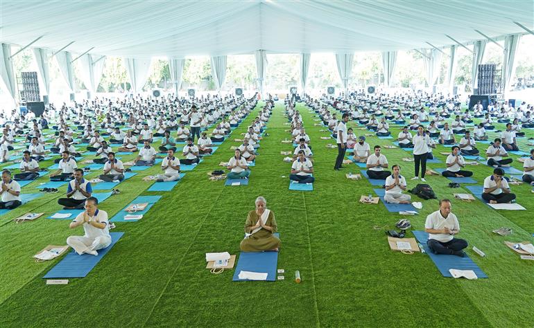 The Union Minister for Finance and Corporate Affairs, Smt. Nirmala Sitharaman participated in the celebration of the 11th International Day of Yoga (IDY) 2025 lead by the Ministry of Finance at Arun Jaitley National Institute of Financial Management (AJNIFM), in Faridabad, Haryana on June 21, 2025. :Ministry of Finance