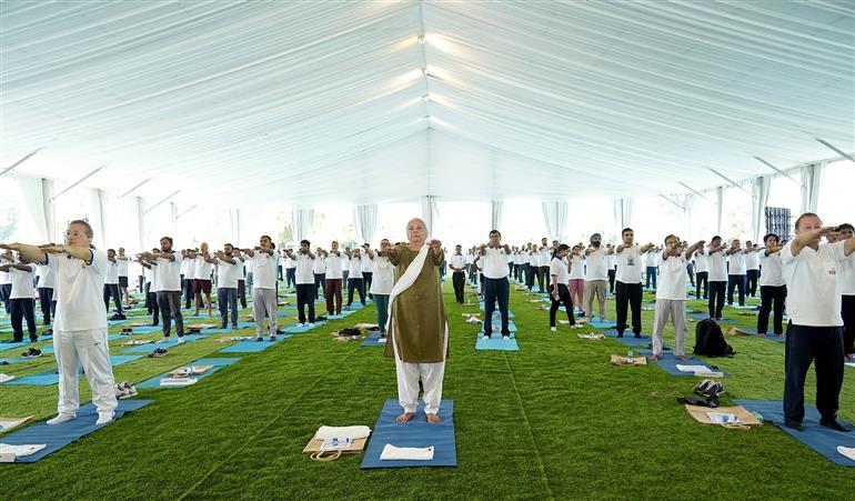 The Union Minister for Finance and Corporate Affairs, Smt. Nirmala Sitharaman participated in the celebration of the 11th International Day of Yoga (IDY) 2025 lead by the Ministry of Finance at Arun Jaitley National Institute of Financial Management (AJNIFM), in Faridabad, Haryana on June 21, 2025. :Ministry of Finance