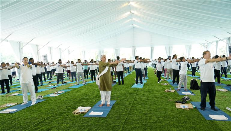 The Union Minister for Finance and Corporate Affairs, Smt. Nirmala Sitharaman participated in the celebration of the 11th International Day of Yoga (IDY) 2025 lead by the Ministry of Finance at Arun Jaitley National Institute of Financial Management (AJNIFM), in Faridabad, Haryana on June 21, 2025. :Ministry of Finance