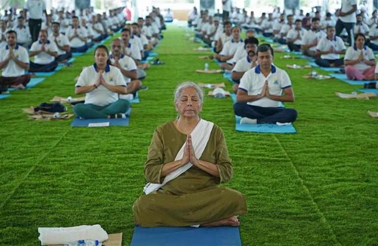 The Union Minister for Finance and Corporate Affairs, Smt. Nirmala Sitharaman participated in the celebration of the 11th International Day of Yoga (IDY) 2025 lead by the Ministry of Finance at Arun Jaitley National Institute of Financial Management (AJNIFM), in Faridabad, Haryana on June 21, 2025. :Ministry of Finance
