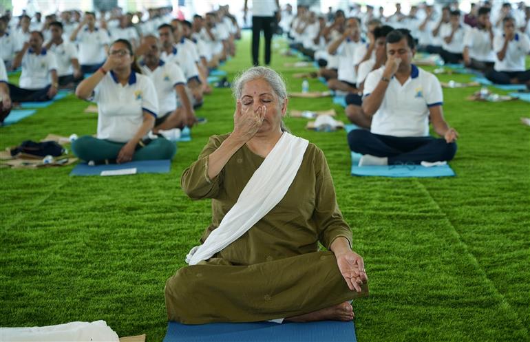 The Union Minister for Finance and Corporate Affairs, Smt. Nirmala Sitharaman participated in the celebration of the 11th International Day of Yoga (IDY) 2025 lead by the Ministry of Finance at Arun Jaitley National Institute of Financial Management (AJNIFM), in Faridabad, Haryana on June 21, 2025. :Ministry of Finance