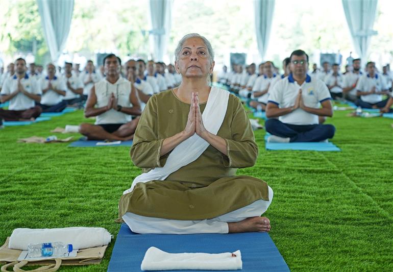 The Union Minister for Finance and Corporate Affairs, Smt. Nirmala Sitharaman participated in the celebration of the 11th International Day of Yoga (IDY) 2025 lead by the Ministry of Finance at Arun Jaitley National Institute of Financial Management (AJNIFM), in Faridabad, Haryana on June 21, 2025. :Ministry of Finance