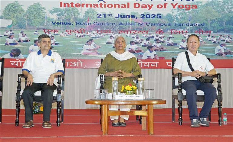 The Union Minister for Finance and Corporate Affairs, Smt. Nirmala Sitharaman participated in the celebration of the 11th International Day of Yoga (IDY) 2025 lead by the Ministry of Finance at Arun Jaitley National Institute of Financial Management (AJNIFM), in Faridabad, Haryana on June 21, 2025. :Ministry of Finance