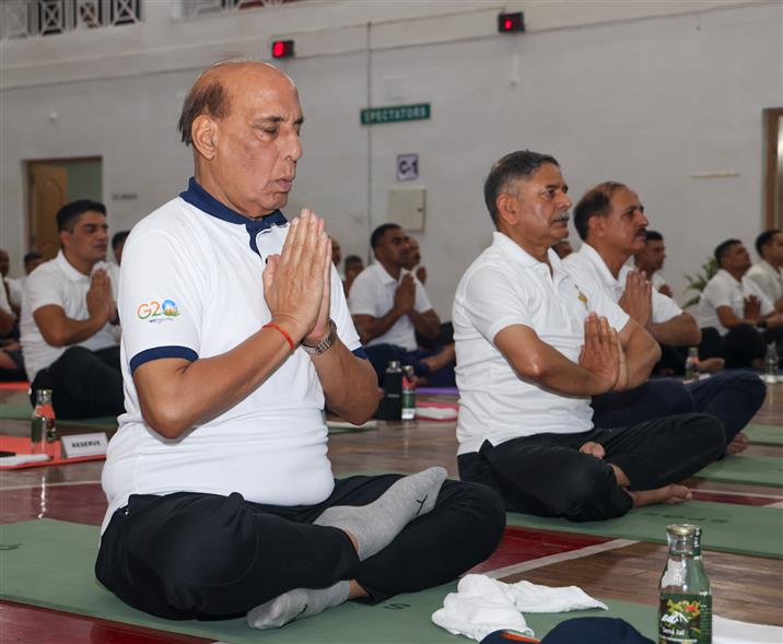 The Union Minister for Defence, Shri Rajnath Singh participated in the celebration of the 11th International Day of Yoga (IDY) 2025 at Northern Command, Udhampur, in Jammu & Kashmir on June 21, 2025. :Ministry of Defence