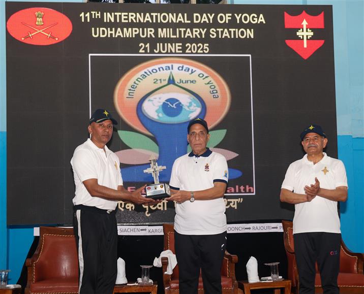 The Union Minister for Defence, Shri Rajnath Singh participated in the celebration of the 11th International Day of Yoga (IDY) 2025 at Northern Command, Udhampur, in Jammu & Kashmir on June 21, 2025. :Ministry of Defence