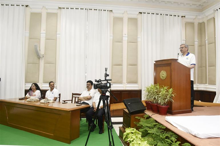 The Secretary, Department of Higher Education Dr. Vineet Joshi addressing during the 11th International Day of Yoga celebrations, in New Delhi on June 21, 2025.:Ministry of Education