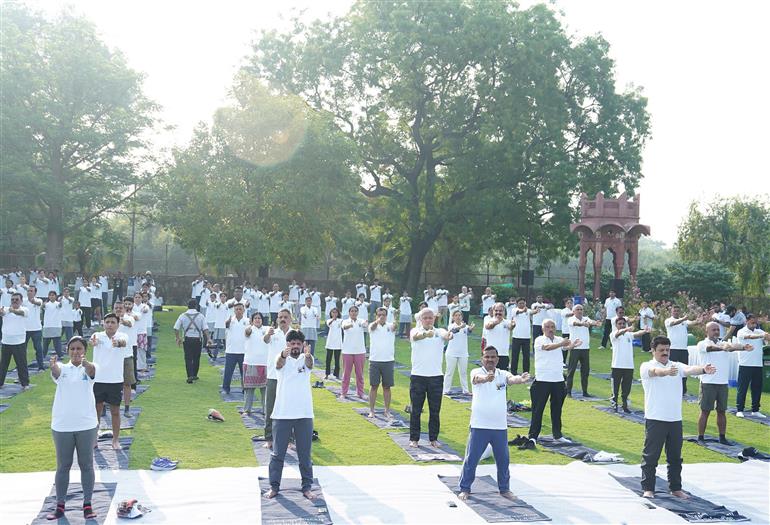 Glimpses of 11th International Yoga Day celebrations organised by Ministry of Tourism at Qutub Minar Complex, in Delhi on June 21, 2025.:Ministry of Tourism