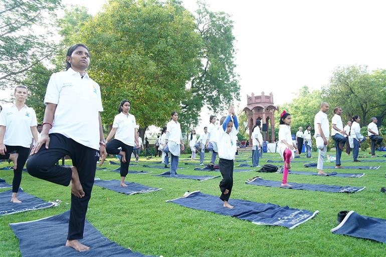 Glimpses of 11th International Yoga Day celebrations organised by Ministry of Tourism at Qutub Minar Complex, in Delhi on June 21, 2025.:Ministry of Tourism