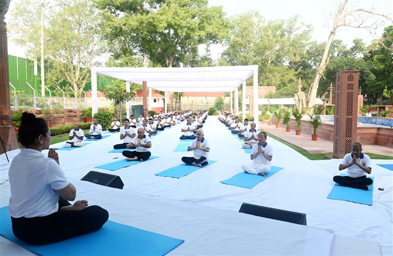 Glimpses of 11th International Yoga Day celebrations at South Block, in New Delhi on June 21, 2025.:AYUSH