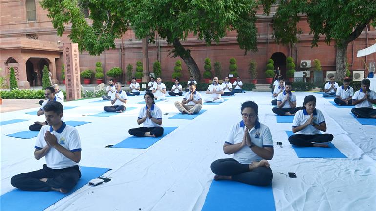 Glimpses of 11th International Yoga Day celebrations at South Block, in New Delhi on June 21, 2025.:AYUSH
