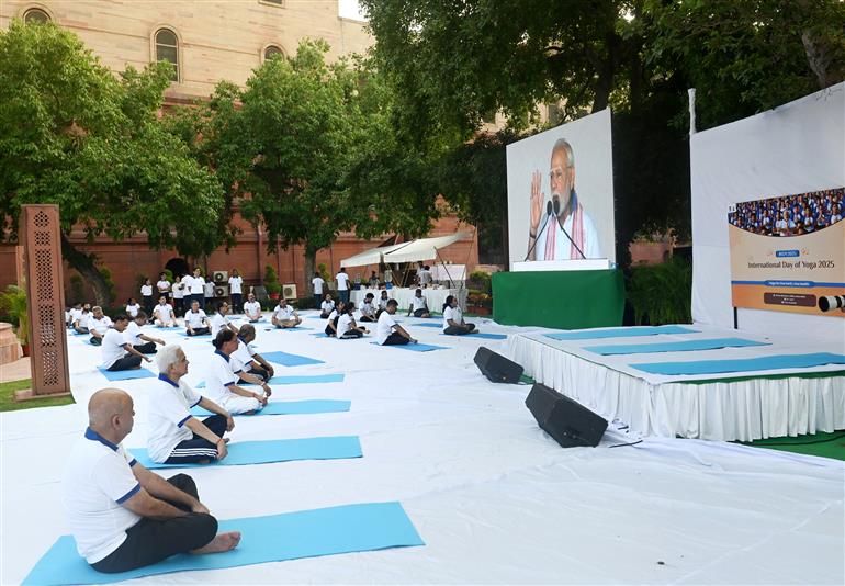Glimpses of 11th International Yoga Day celebrations at South Block, in New Delhi on June 21, 2025.:AYUSH