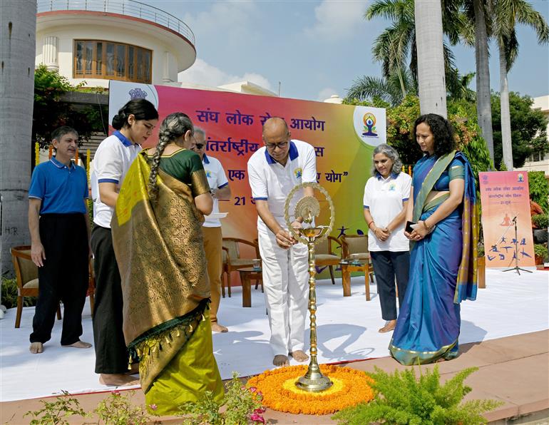 The Chairman, UPSC, Dr. Ajay Kumar participates in 11th International Yoga Day celebrations at UPSC headquarter, in New Delhi on June 21, 2025.:UPSC