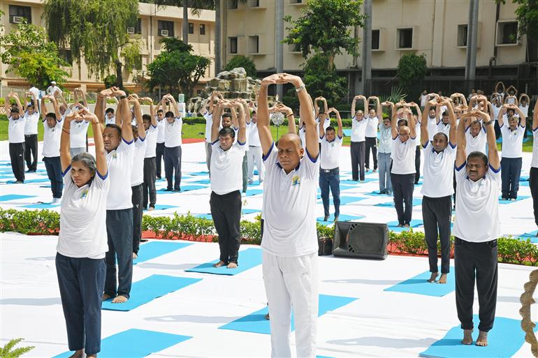 The Chairman, UPSC, Dr. Ajay Kumar participates in 11th International Yoga Day celebrations at UPSC headquarter, in New Delhi on June 21, 2025.:UPSC