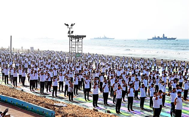 Glimpses of the 11th International Day of Yoga celebrations at Visakhapatnam, in Andhra Pradesh on June 21, 2025. PM participated in the event.:Prime Minister
