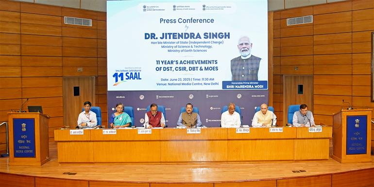 The Minister of State for Science & Technology (Independent Charge), Earth Sciences (Independent Charge), Prime Minister’s Office, Personnel, Public Grievances & Pensions, Atomic Energy and Space, Dr. Jitendra Singh addressing a Press Conference on completion of ‘11 Years Achievements of DST, CSIR, DBT & MOES at National Media Centre, in New Delhi on June 23, 2025.