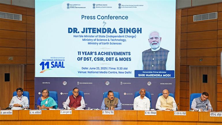 The Minister of State for Science & Technology (Independent Charge), Earth Sciences (Independent Charge), Prime Minister’s Office, Personnel, Public Grievances & Pensions, Atomic Energy and Space, Dr. Jitendra Singh addressing a Press Conference on completion of ‘11 Years Achievements of DST, CSIR, DBT & MOES at National Media Centre, in New Delhi on June 23, 2025.