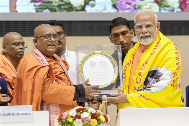 PM attends the centenary celebration of historic conversation between Sree Narayana Guru & Mahatma Gandhi at Vigyan Bhawan, in New Delhi on June 24, 2025.