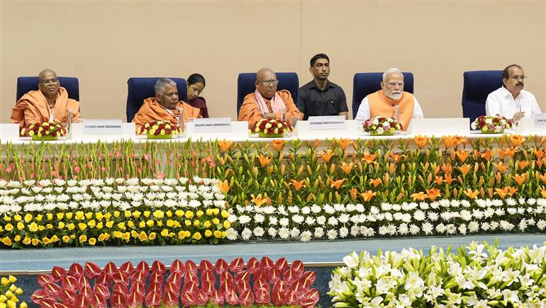 PM attends the centenary celebration of historic conversation between Sree Narayana Guru & Mahatma Gandhi at Vigyan Bhawan, in New Delhi on June 24, 2025.