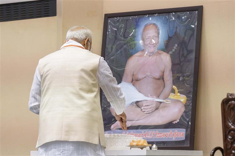 PM pays tribute to Acharya Vidyanand Ji Maharaj on his 100th birth anniversary at Vigyan Bhawan, in New Delhi on June 28, 2025.
