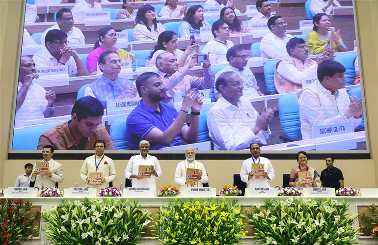 PM attends the Centenary Celebrations of Acharya Vidyanand Ji Maharaj at Vigyan Bhawan, in New Delhi on June 28, 2025.