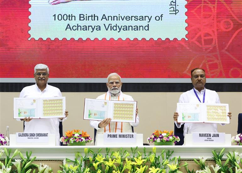 PM attends the Centenary Celebrations of Acharya Vidyanand Ji Maharaj at Vigyan Bhawan, in New Delhi on June 28, 2025.