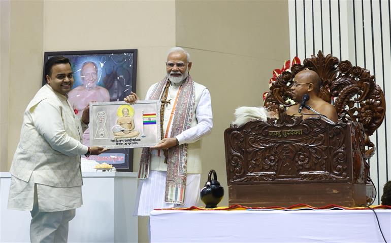 PM attends the Centenary Celebrations of Acharya Vidyanand Ji Maharaj at Vigyan Bhawan, in New Delhi on June 28, 2025.
