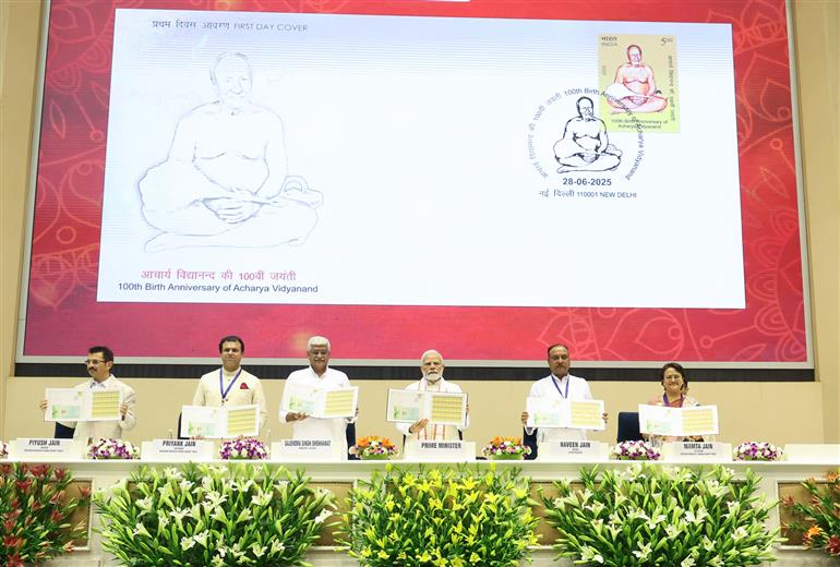 PM attends the Centenary Celebrations of Acharya Vidyanand Ji Maharaj at Vigyan Bhawan, in New Delhi on June 28, 2025.