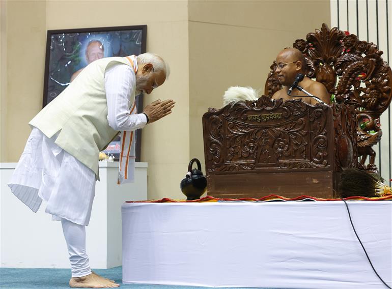 PM attends the Centenary Celebrations of Acharya Vidyanand Ji Maharaj at Vigyan Bhawan, in New Delhi on June 28, 2025.