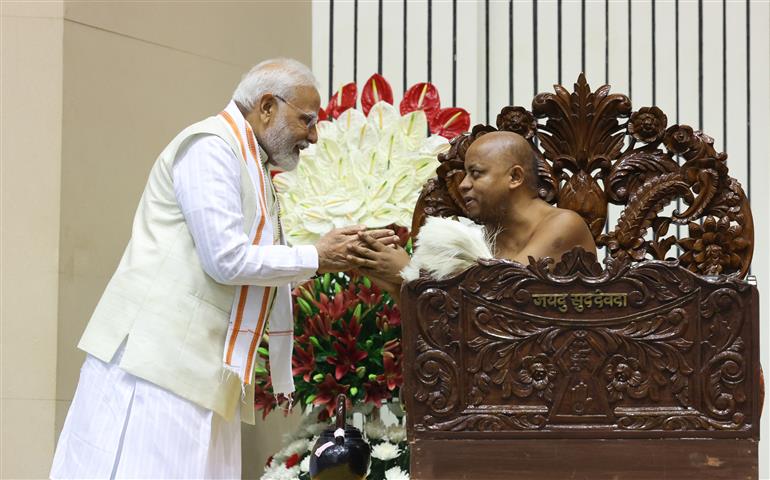 PM attends the Centenary Celebrations of Acharya Vidyanand Ji Maharaj at Vigyan Bhawan, in New Delhi on June 28, 2025.