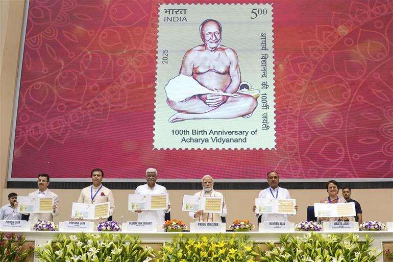 PM attends the Centenary Celebrations of Acharya Vidyanand Ji Maharaj at Vigyan Bhawan, in New Delhi on June 28, 2025.