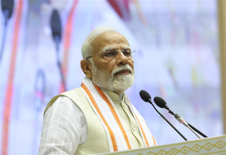 PM addressing at the Centenary Celebrations of Acharya Vidyanand Ji Maharaj at Vigyan Bhawan, in New Delhi on June 28, 2025.