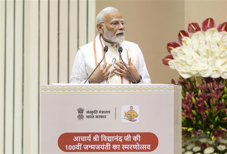 PM addressing at the Centenary Celebrations of Acharya Vidyanand Ji Maharaj at Vigyan Bhawan, in New Delhi on June 28, 2025.