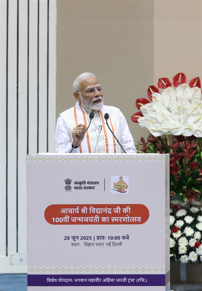 PM addressing at the Centenary Celebrations of Acharya Vidyanand Ji Maharaj at Vigyan Bhawan, in New Delhi on June 28, 2025.