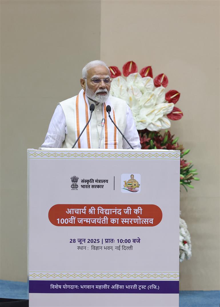 PM addressing at the Centenary Celebrations of Acharya Vidyanand Ji Maharaj at Vigyan Bhawan, in New Delhi on June 28, 2025.
