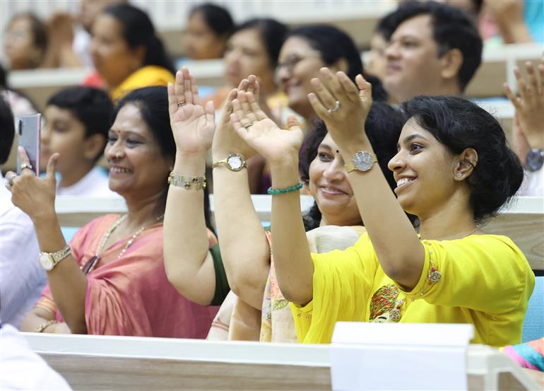 Gathering at the Centenary Celebrations of Acharya Vidyanand Ji Maharaj at Vigyan Bhawan, in New Delhi on June 28, 2025. PM addressing on the occasion.