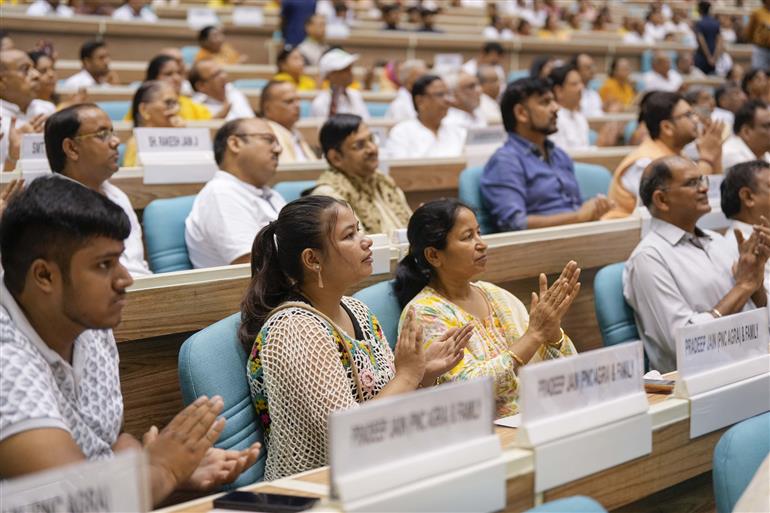 Gathering at the Centenary Celebrations of Acharya Vidyanand Ji Maharaj at Vigyan Bhawan, in New Delhi on June 28, 2025. PM addressing on the occasion.