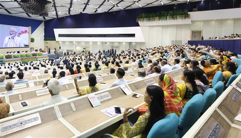 Gathering at the Centenary Celebrations of Acharya Vidyanand Ji Maharaj at Vigyan Bhawan, in New Delhi on June 28, 2025. PM addressing on the occasion.