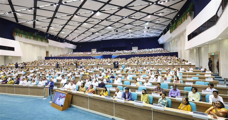 Gathering at the Centenary Celebrations of Acharya Vidyanand Ji Maharaj at Vigyan Bhawan, in New Delhi on June 28, 2025. PM addressing on the occasion.