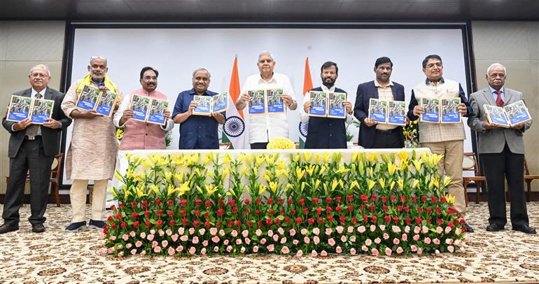 The Vice President of India, Shri Jagdeep Dhankhar addressing the gathering at the ceremonial presentation of the first copies of the books ‘Ambedkar’s Messages’ and ‘Ambedkar ke Sandesh’, authored by Shri D.S. Veeraiah Ji, at Vice-President’s Enclave, in New Delhi on June 28, 2025.