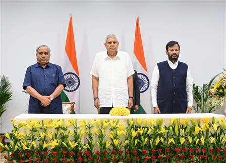 The Vice President of India, Shri Jagdeep Dhankhar addressing the gathering at the ceremonial presentation of the first copies of the books ‘Ambedkar’s Messages’ and ‘Ambedkar ke Sandesh’, authored by Shri D.S. Veeraiah Ji, at Vice-President’s Enclave, in New Delhi on June 28, 2025.