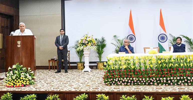 The Vice President of India, Shri Jagdeep Dhankhar addressing the gathering at the ceremonial presentation of the first copies of the books ‘Ambedkar’s Messages’ and ‘Ambedkar ke Sandesh’, authored by Shri D.S. Veeraiah Ji, at Vice-President’s Enclave, in New Delhi on June 28, 2025.