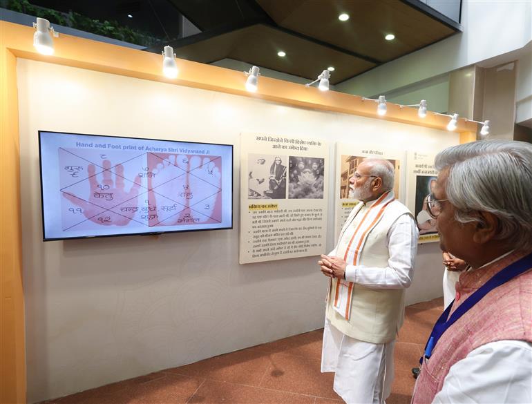 PM visits an exhibition on the Centenary Celebrations of Acharya Vidyanand Ji Maharaj at Vigyan Bhawan, in New Delhi on June 28, 2025.