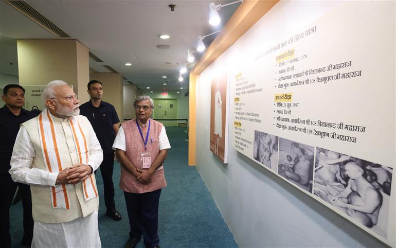 PM visits an exhibition on the Centenary Celebrations of Acharya Vidyanand Ji Maharaj at Vigyan Bhawan, in New Delhi on June 28, 2025.