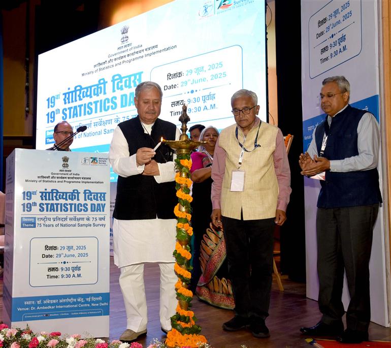 The Minister of State (Independent Charge) for Statistics & Programme Implementation, Planning (Independent Charge) and Culture, Shri Rao Inderjit Singh lighting the lamp at the 19th Statistics Day celebration with the theme ‘75 years of National Sample Survey’, in New Delhi on June 29, 2025.