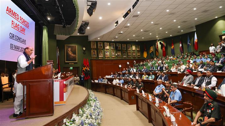 The Union Minister for Defence, Shri Rajnath Singh addressing the gathering at the Armed Forces Flag Day Corporate Social Responsibility (AFFD CSR) Conclave, in New Delhi on March 03, 2025.